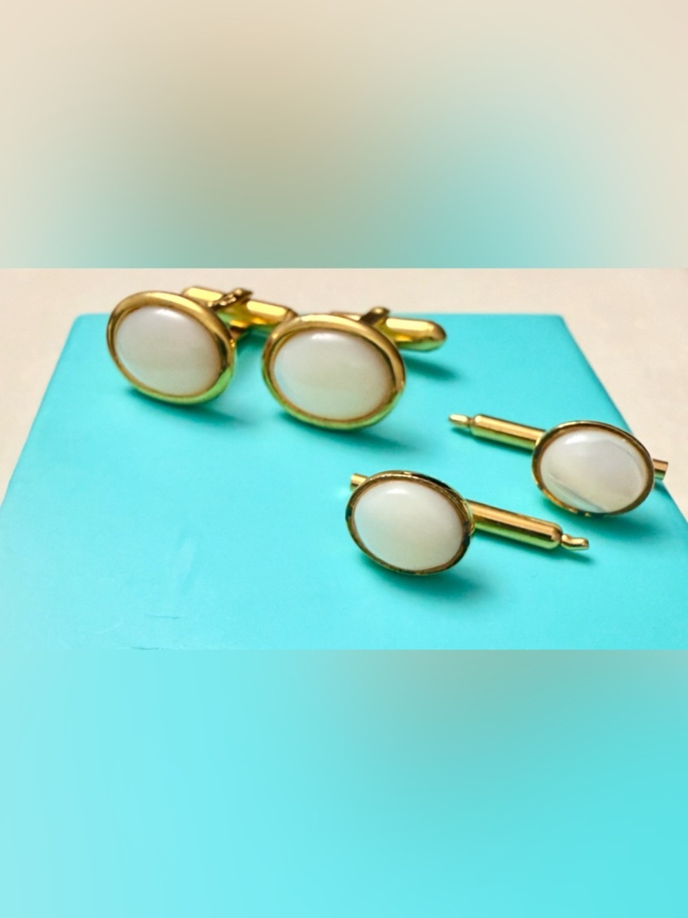 Christian Dior Mens Cufflinks Gold Tone Mother of Pearl Cabochon Signed Designer